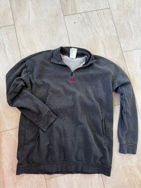 Adidas Fleece Lined Quarter Zip Pullover Sweatshirt Gray Pink Logo- Women’s
